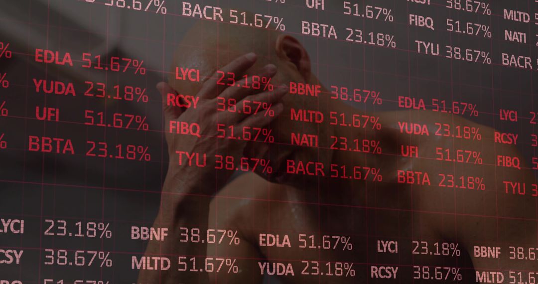 Bare-chested trader wiping sweat amid red stock ticker signaling market volatility, stress