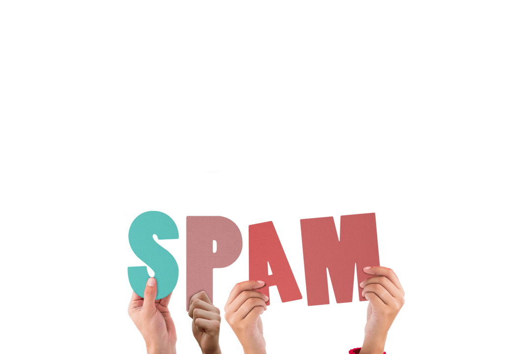 Transparent Colorful Letters Spelling SPAM Held by Diverse Hands