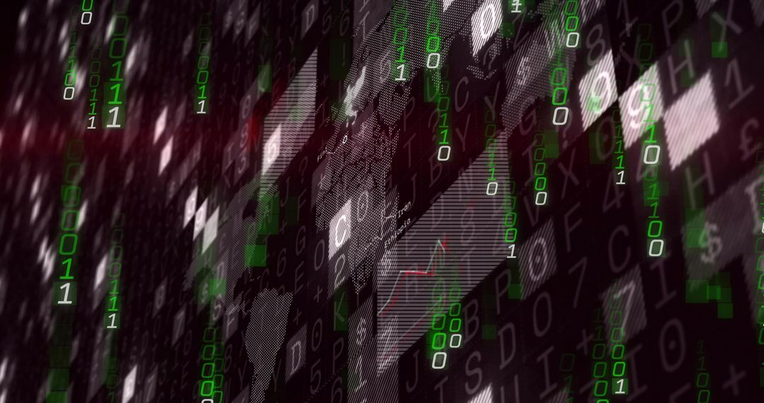 Cascading Binary Matrix Overlaying Digital Symbol Panels with Red Analytics Spike