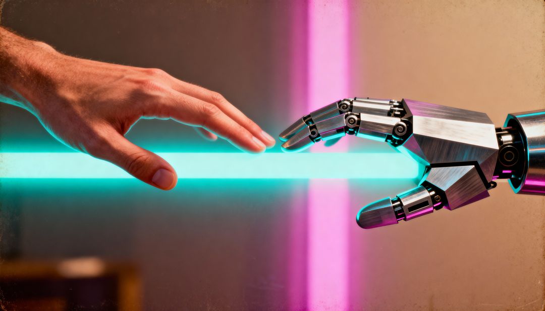 Human Hand Reaching Toward Robotic Hand Over Cyan Neon Beam Futuristic Robotics Concept