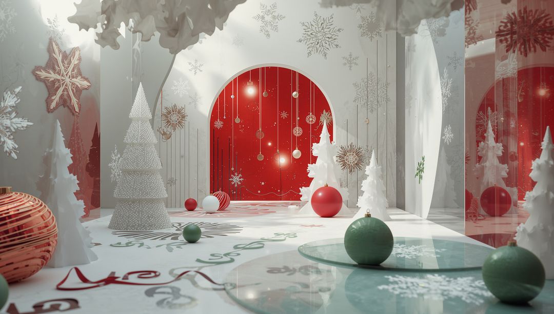 Modern Christmas Display with Festive Red and White Decor