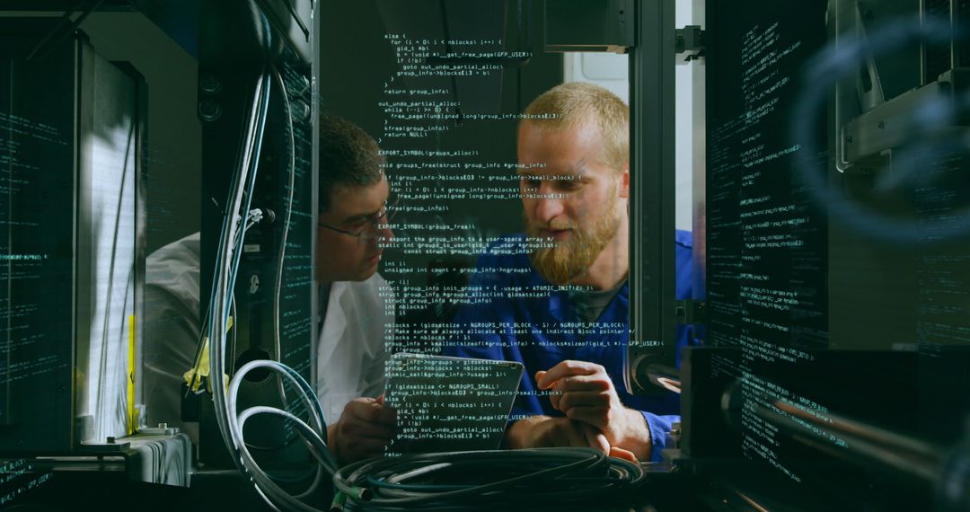 Male Colleagues Analyzing Data on Tablet in Server Room