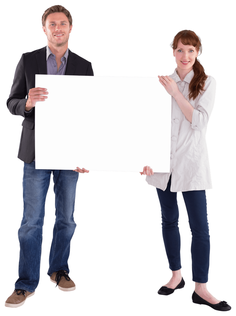 Smiling Couple Holding Large Blank Transparent Signboard