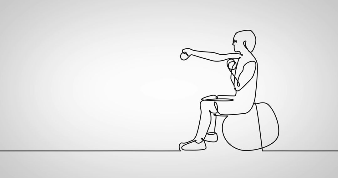 Continuous Line Drawing of Woman Exercising with Dumbbells on Gym Ball