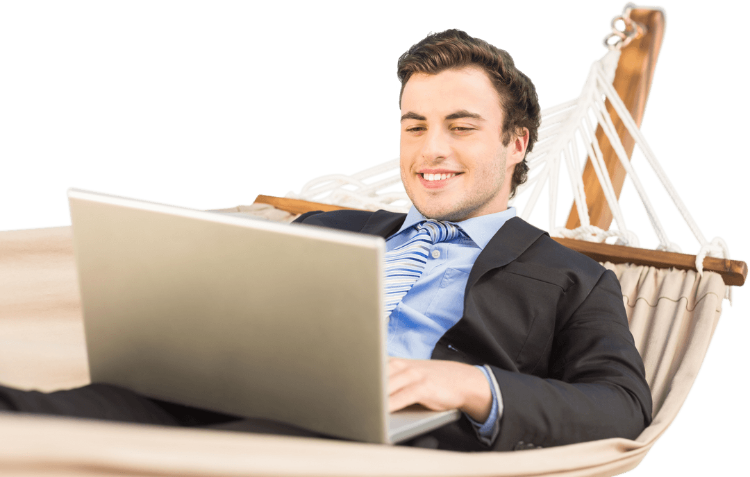 Smiling Businessman Using Laptop in Hammock Transparent Background