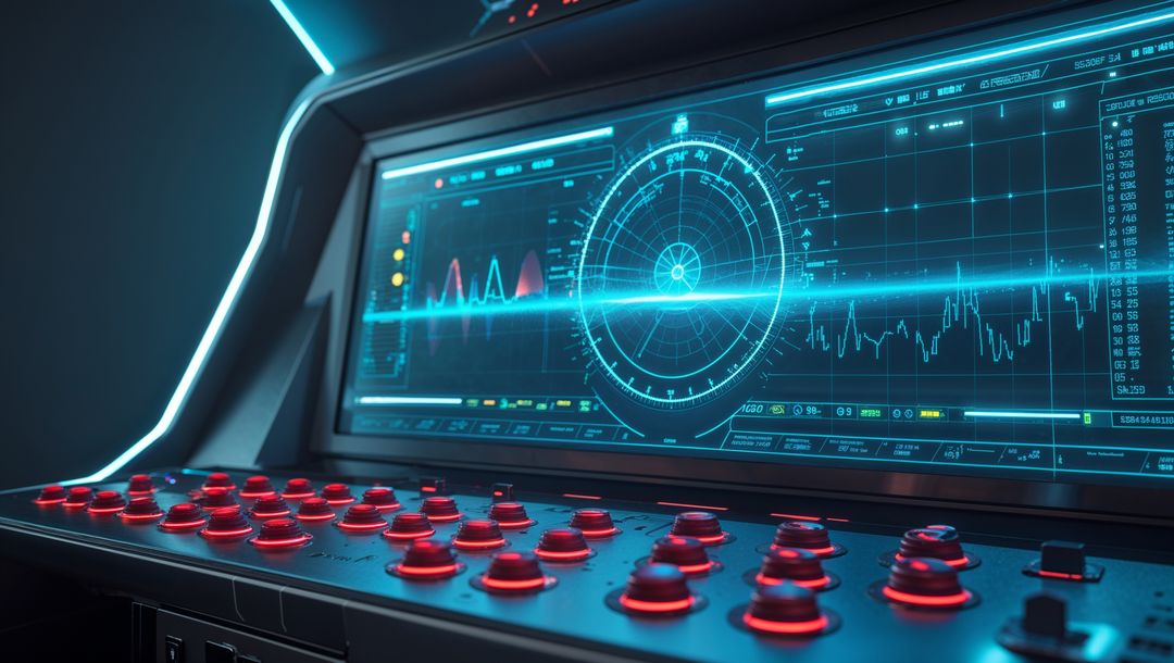 Futuristic holographic data interface in high-tech cockpit, red alert concept