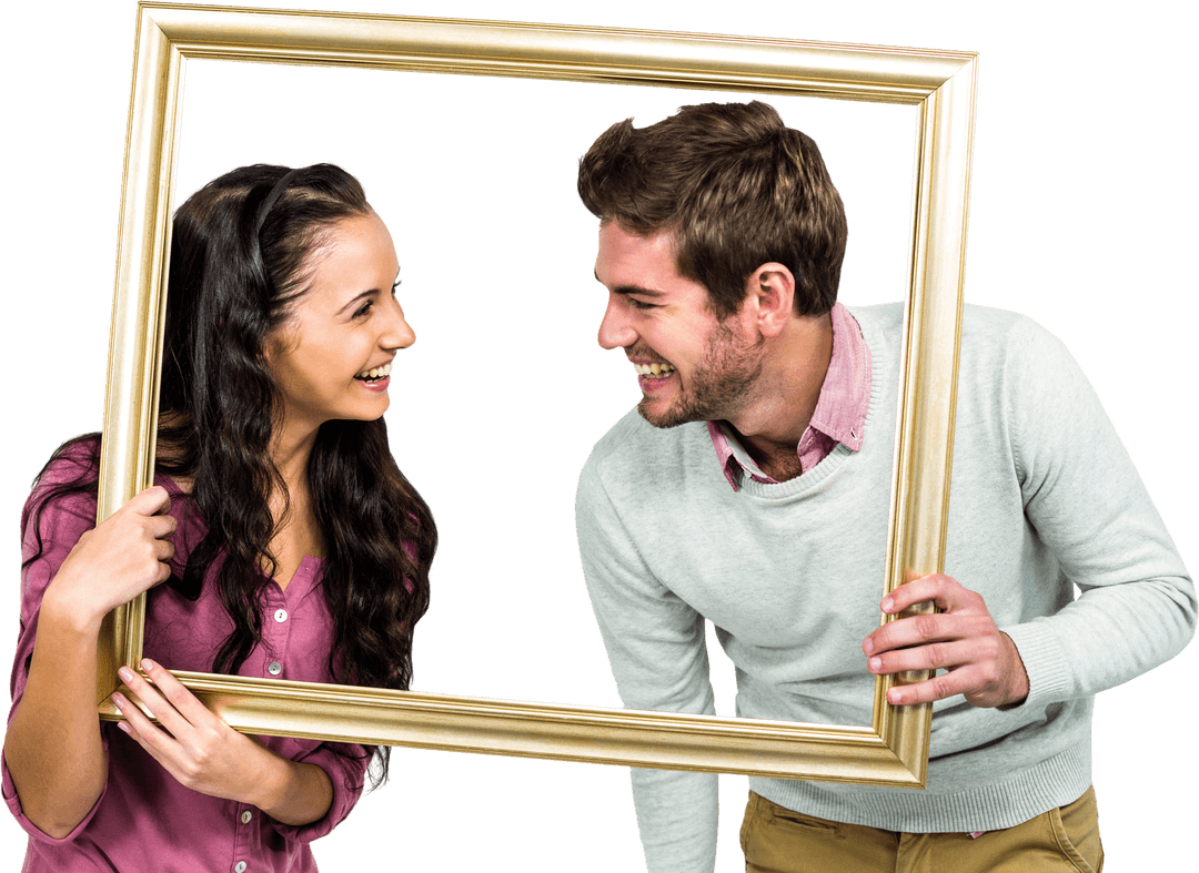 Smiling Couple Holding Transparent Frame