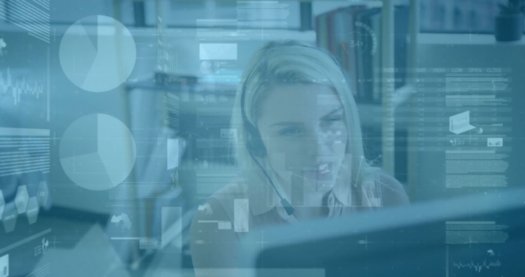 Businesswoman Handling Financial Data in Futuristic Office