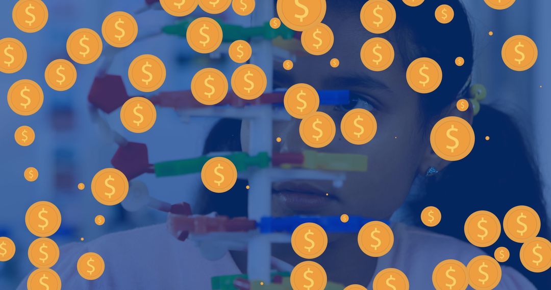 Girl Studying DNA Model with Dollar Icons Overlay