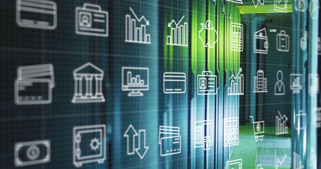 Digital Age Global Icons Overlaying Computer Servers