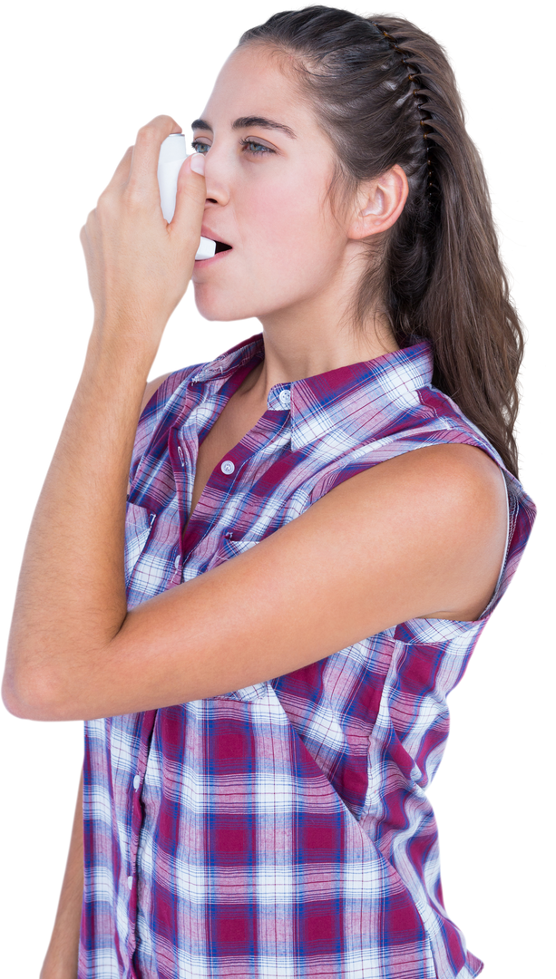 Woman Using Asthma Inhaler in Plaid Shirt on Transparent Background - Download Free Stock Images Pikwizard.com