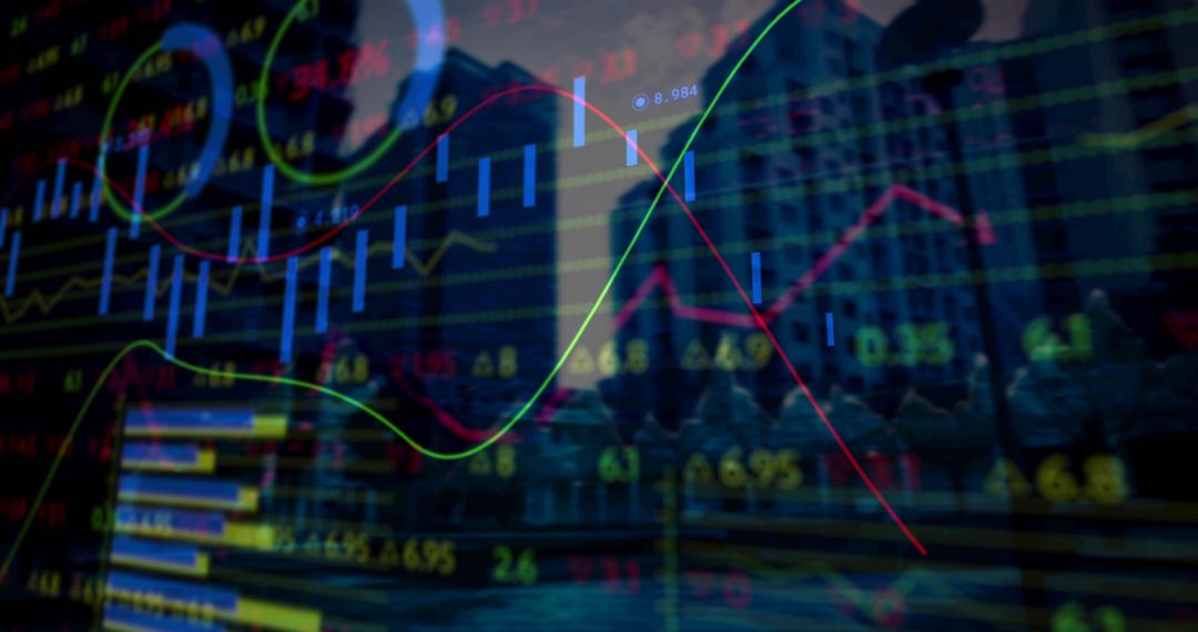 Dynamic Financial Graphs Overlaying an Urban Cityscape