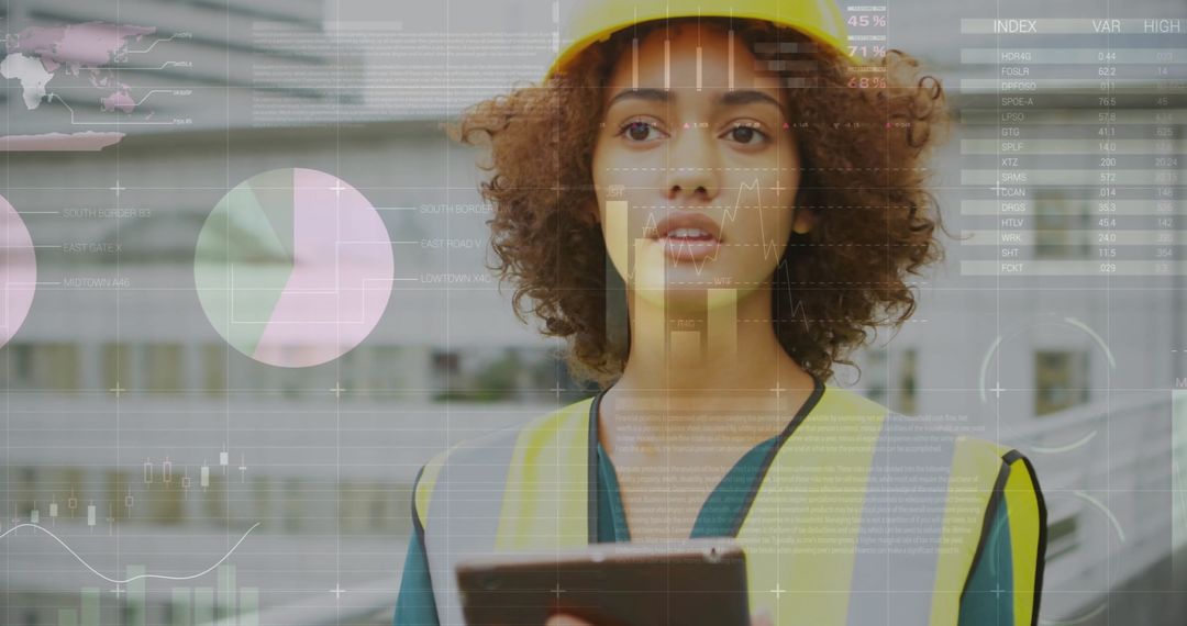 Female Engineer Using Tablet with Data Tracking Overlay