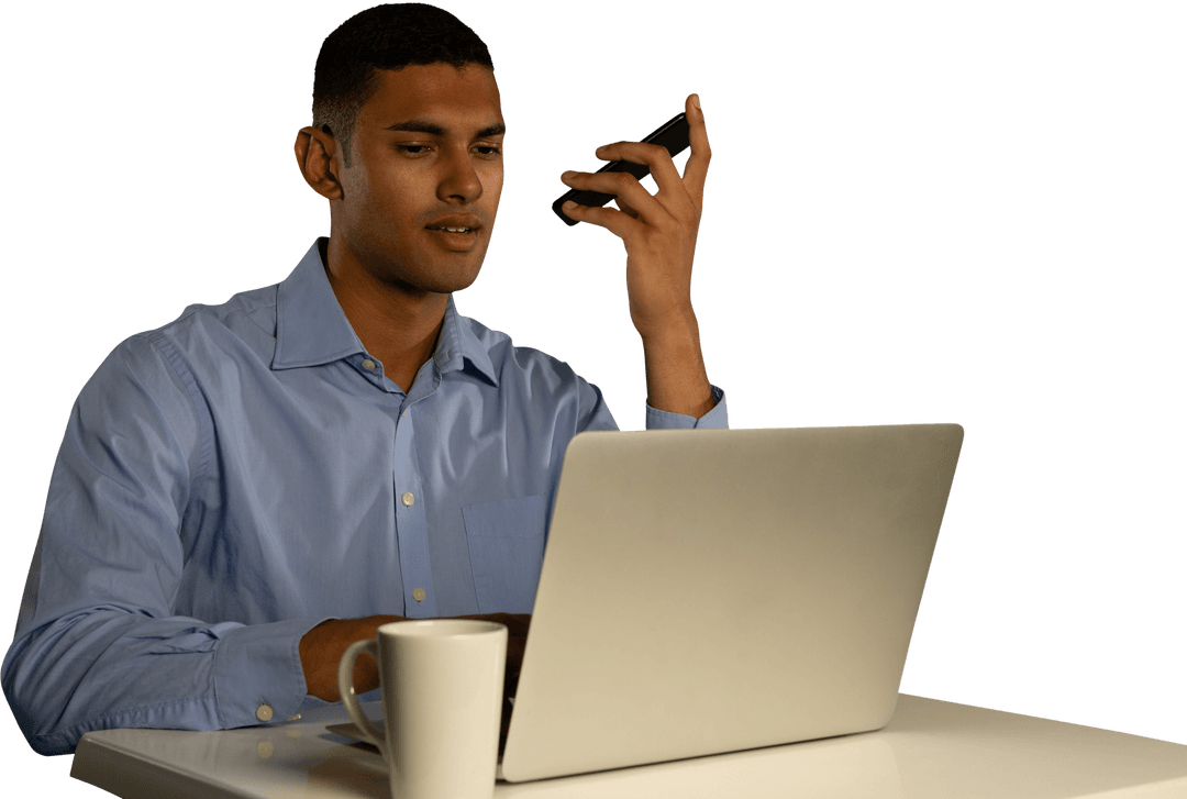 Transparent Businessman Talking on Smartphone with Laptop