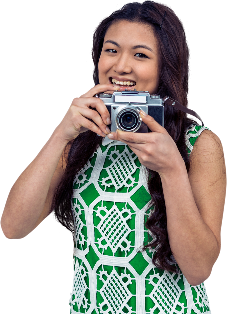 Smiling Asian Woman Holding Digital Camera on Transparent White Background - Download Free Stock Images Pikwizard.com