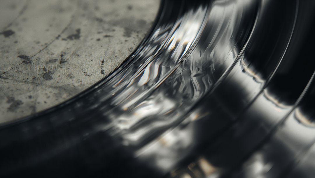 Macro glossy vinyl grooves capturing tactile scratches and dust on worn label