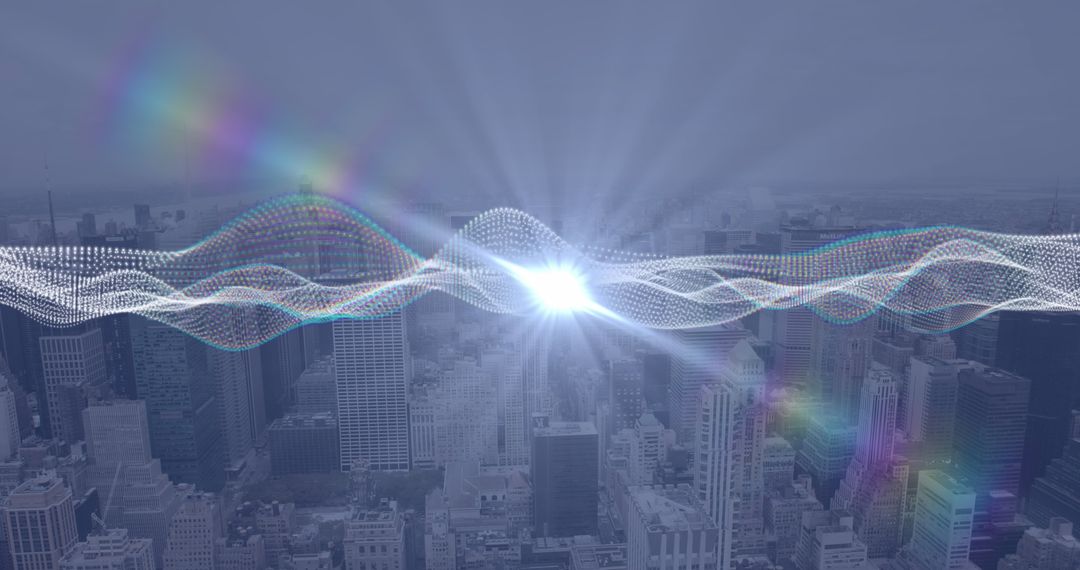Digital Wave Over Metropolitan Cityscape with Light Rays