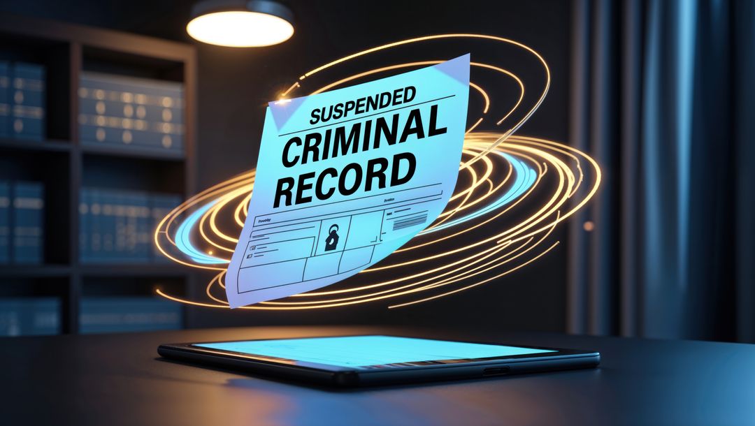 Holographic criminal record floating above futuristic tablet