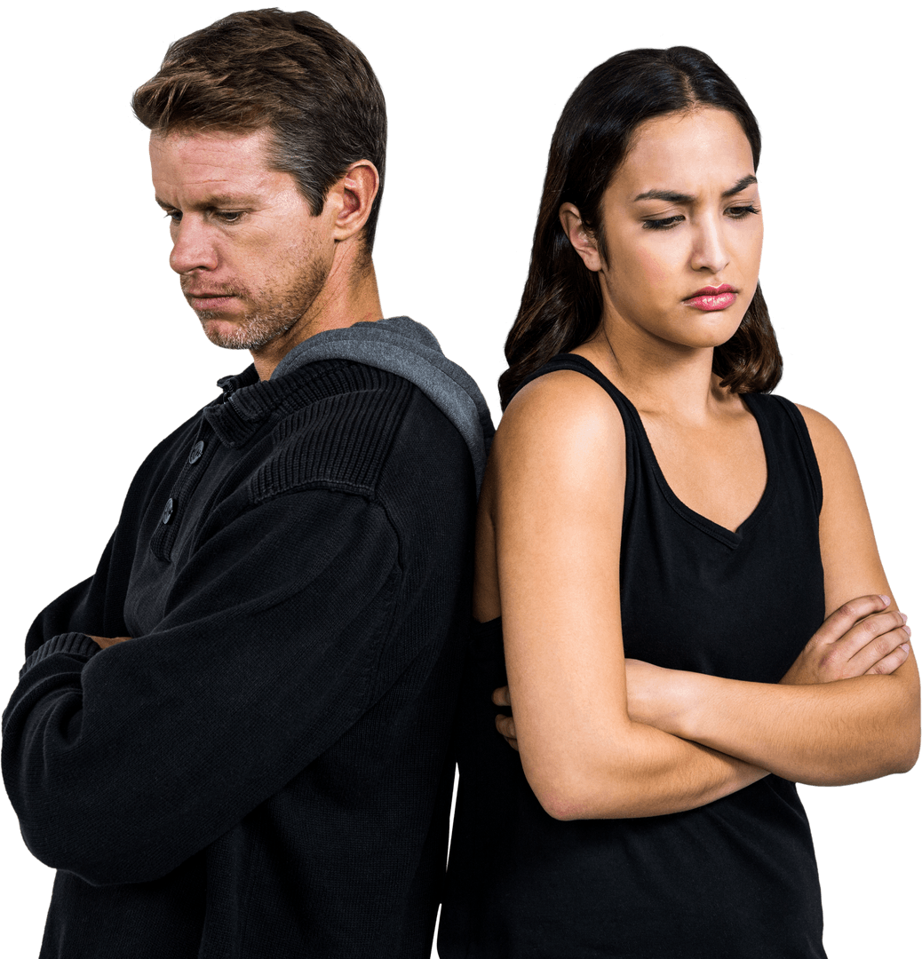Transparent Image of Upset Couple Back to Back with Crossed Arms