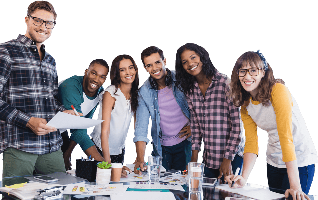 Transparent Multicultural Team Collaborating Energetically at Desk