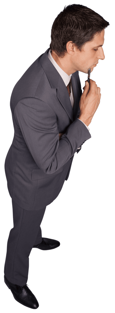 Serious Businessman Holding Pen on Transparent Background Isolated