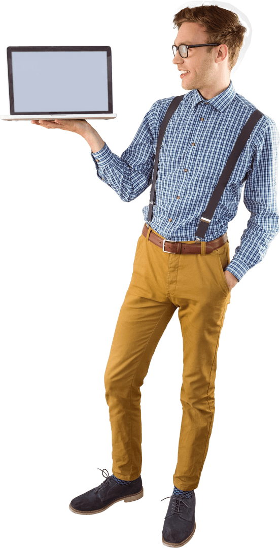 Transparent Geeky Businessman Showcasing Laptop for Presentation