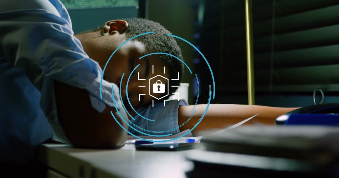 Exhausted Businesswoman Sleeping at Office Desk with Security Overlay