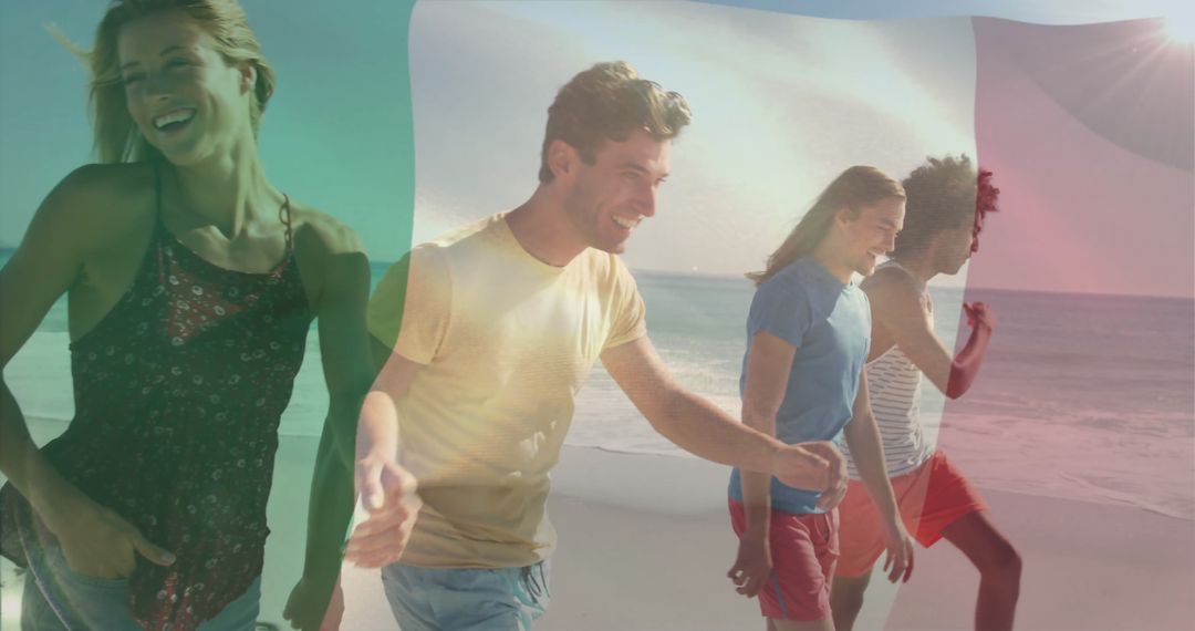 Smiling Friends Strolling Beach at Sunset