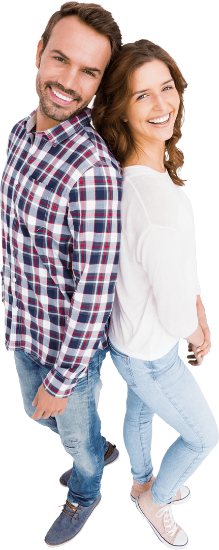Happy Young Couple Standing Back to Back on Transparent Background