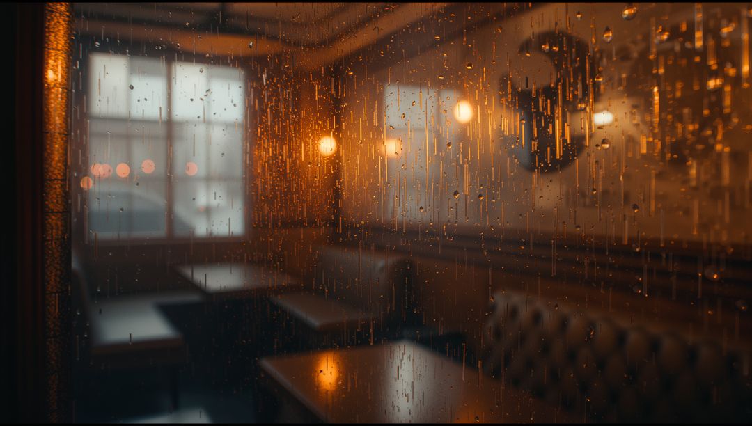 Moody Cafe Ambiance with Rain on Window Pane