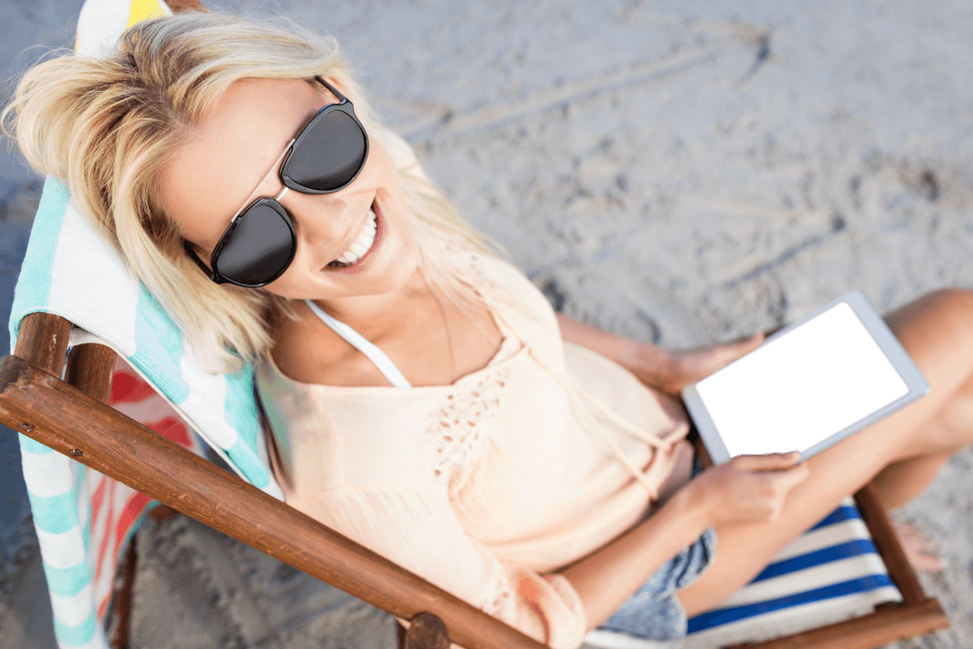 Smiling Woman with Tablet on Beach, Transparent Concept Design
