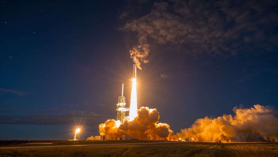 Nighttime Orbital Rocket Launching from Coastal Pad with Fiery Plume and Starry Sky