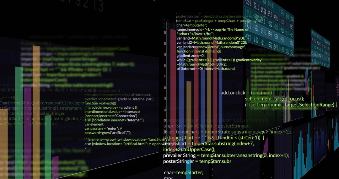 Futuristic 3D Data Dashboard with Multicolored Bar Charts and Overlaid Code Snippets Neon
