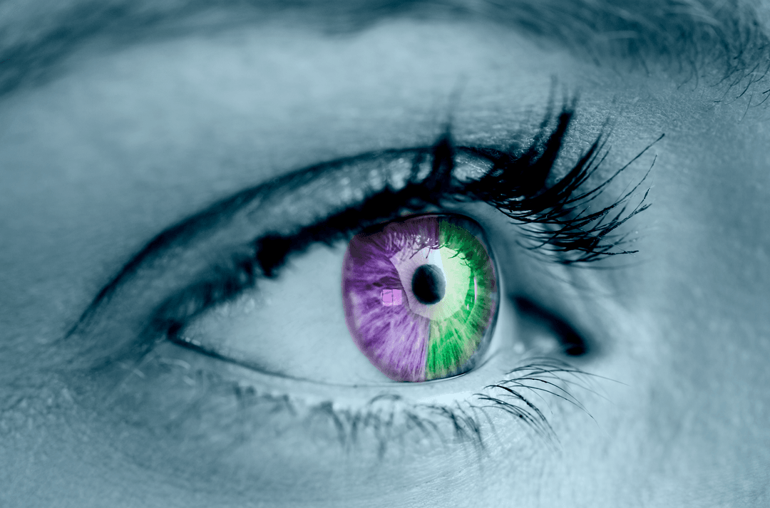 Vibrant Transparent Purple and Green Eye on Monochrome Face