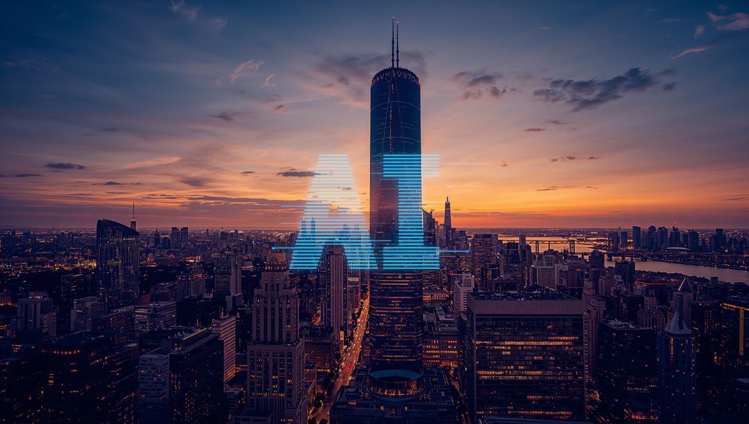 Skyscraper Cityscape at Dusk with AI Concept Overlay