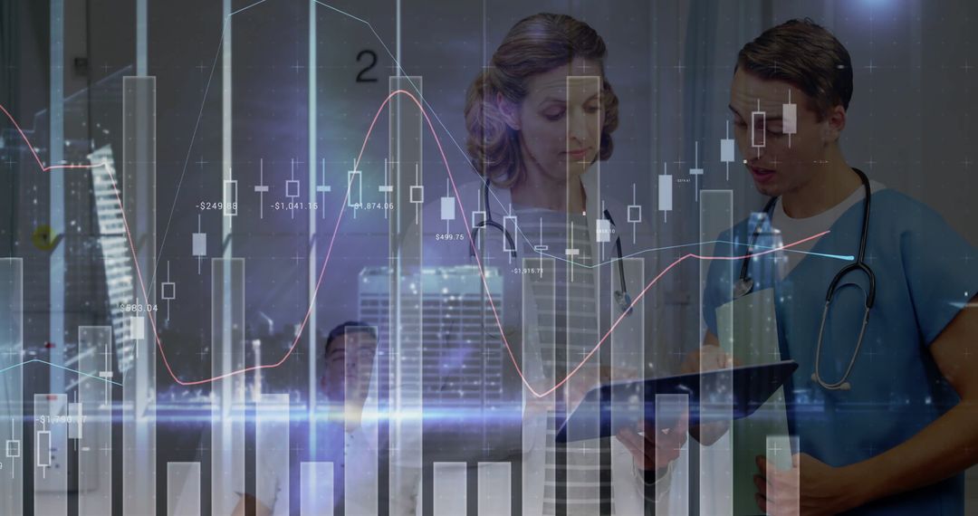 Medical Professionals Analyzing Financial Data with Urban Skyline Overlay