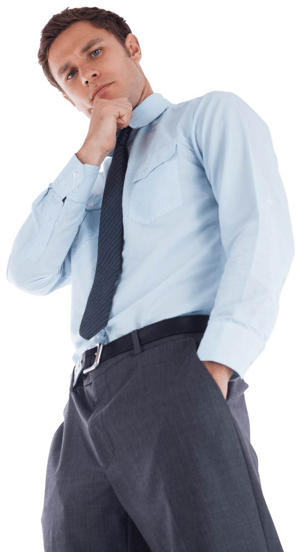 Thoughtful Businessman with Hand on Chin in Transparent Background
