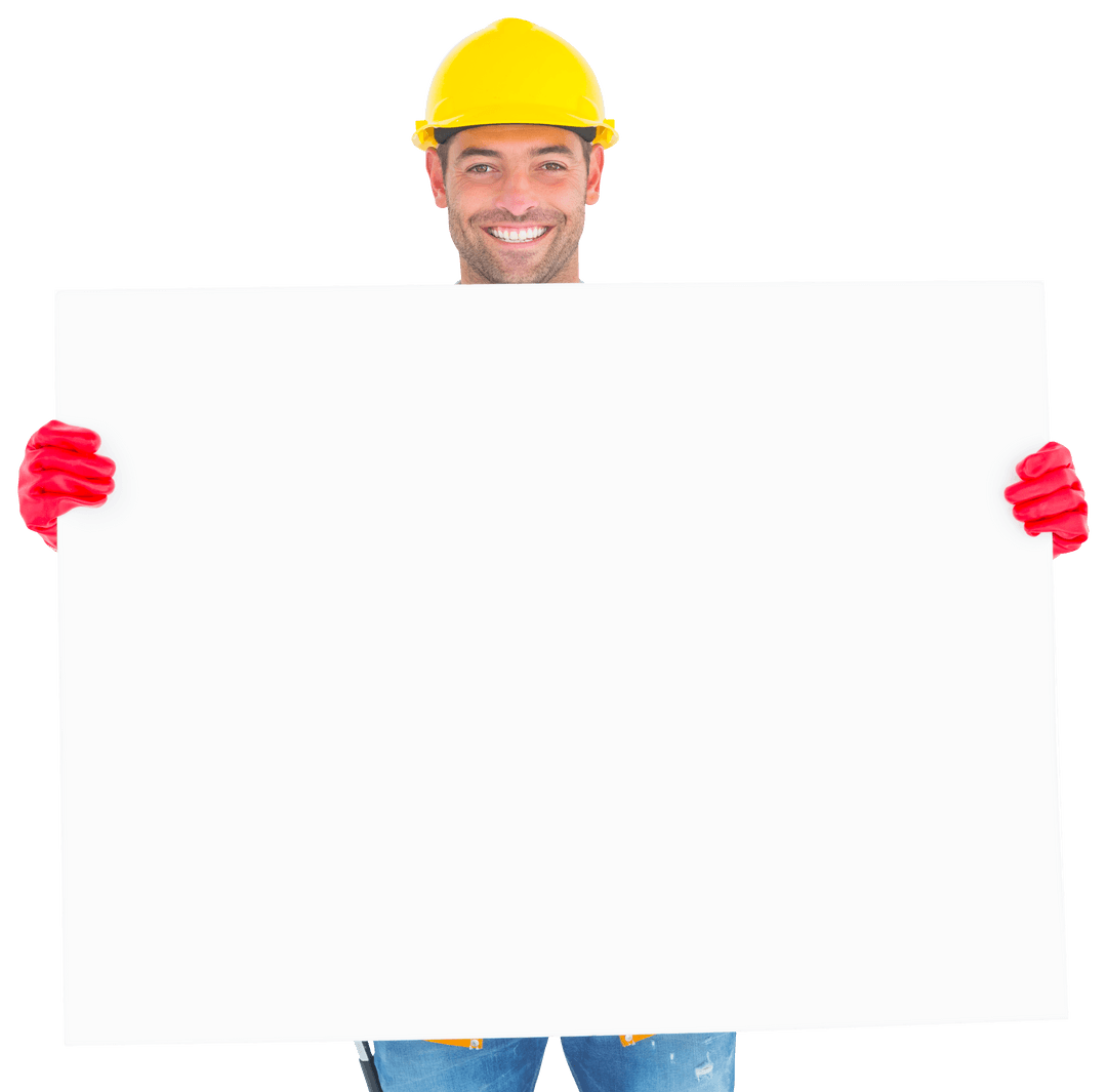 Smiling Construction Worker Holding Transparent Blank Poster