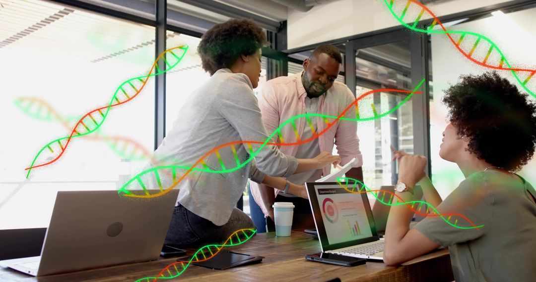 Collaborating biotech team reviewing tablet and laptops with DNA helix overlays for analytics