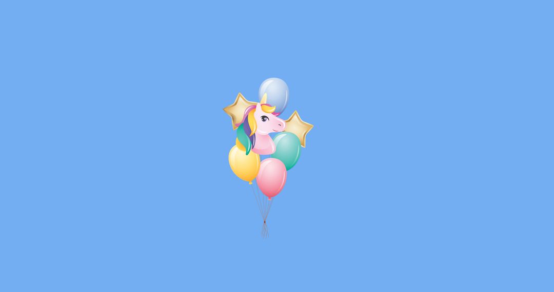 Colorful Digital Balloons and Unicorn in Blue Sky