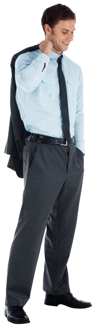 Transparent Smiling Businessman Holding Jacket with Confidence