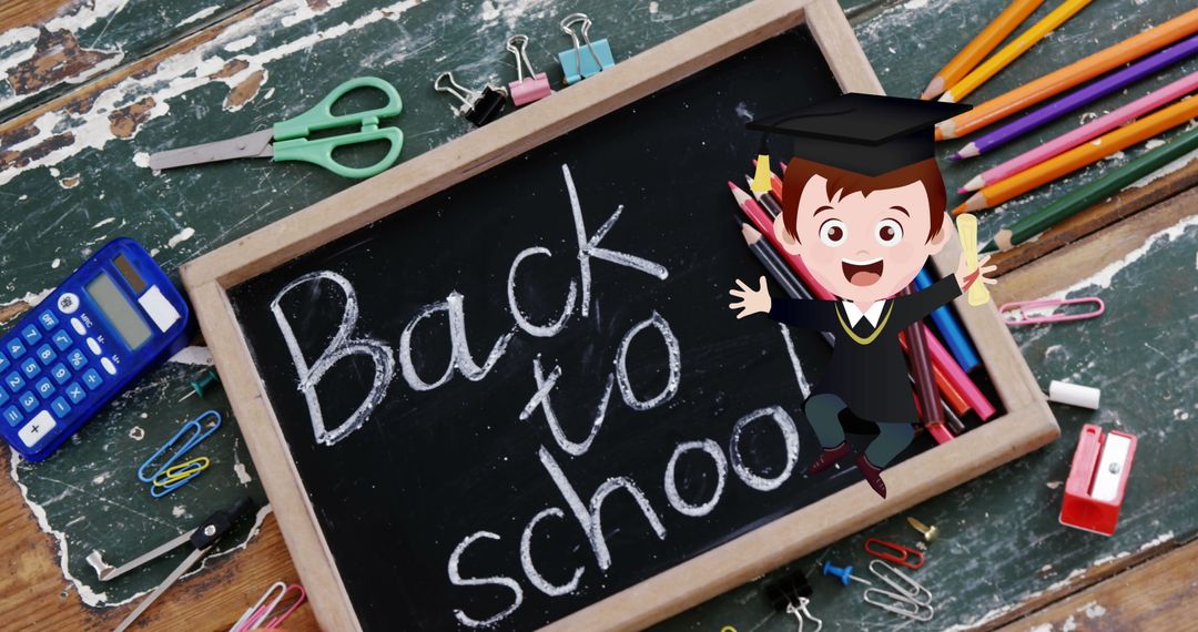 Back to School Chalkboard with Supplies and Animated Excited Boy