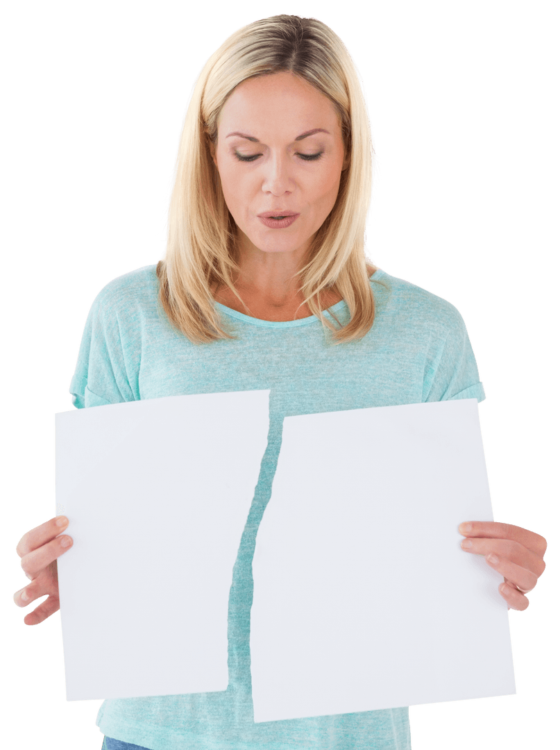 Serious Woman Holding Torn White Paper on Transparent Background