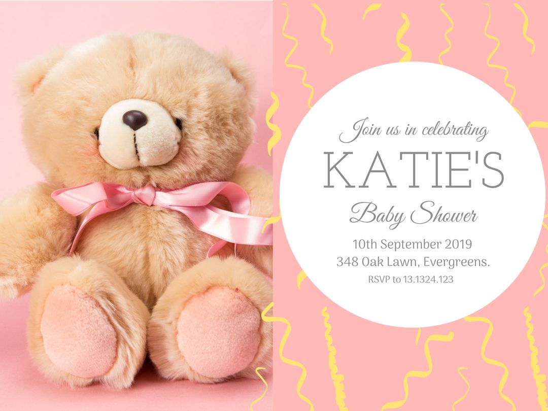 Baby Shower Invitation with Plush Teddy and Pink Theme