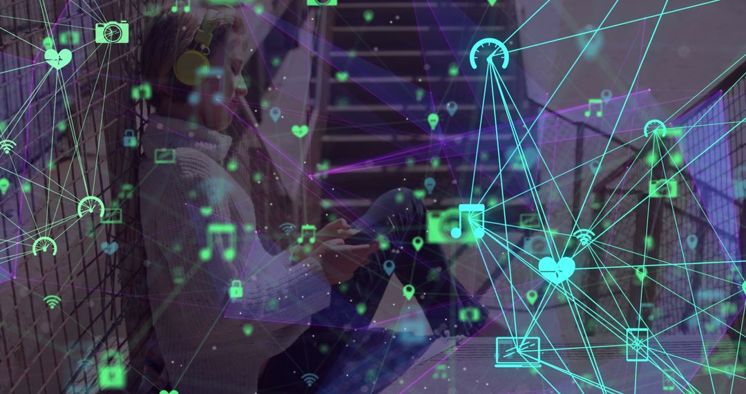 Caucasian Woman Using Smartphone with Digital Overlay Networking Icons