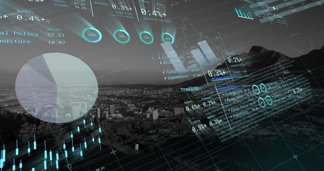 Financial Data Analytics Over Cityscape with Digital Graphics