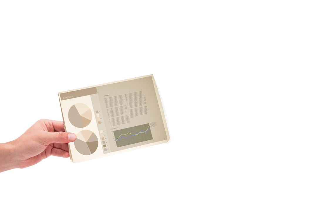 Transparent Hand Holding Digital Report Page with Charts