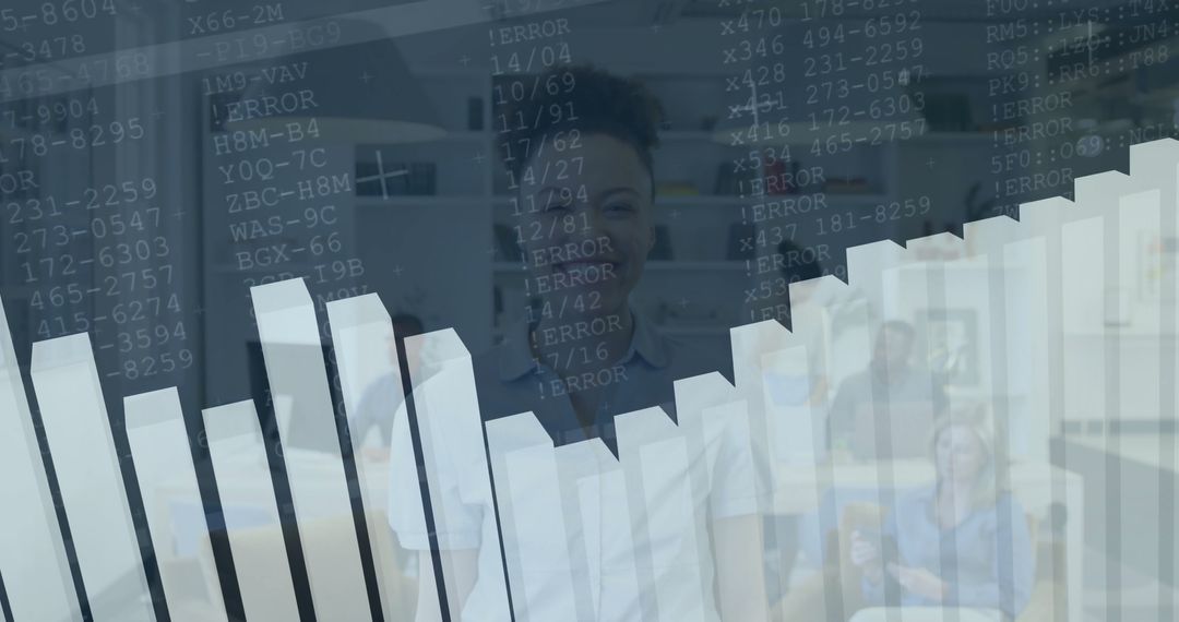 Businesswoman Analyzing Bar Chart with Code Overlay in Office