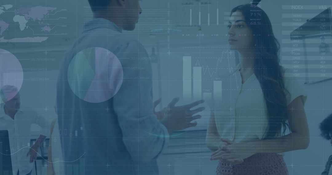 Diverse Coworkers Collaborating with Infographic Overlay