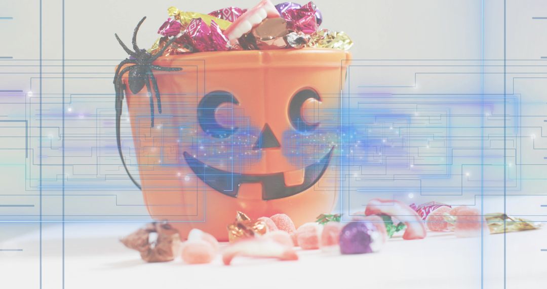 Halloween jack-o'-lantern candy bucket overflowing with foil sweets and spider, cyan glow